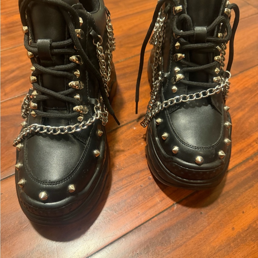 Antony wang Chunky Black Platform Sneakers with Silver Chain & Stud Details - Picture 10 of 15